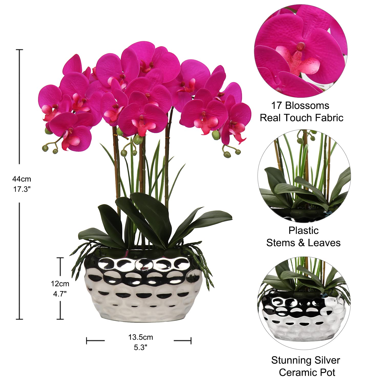 17" Artificial Orchid Phalaenopsis Flowers Decorative Orchid Bonsai Fake Flowers Real Touch Orchid Artificial Flowers with Silver Ceramic Pot for