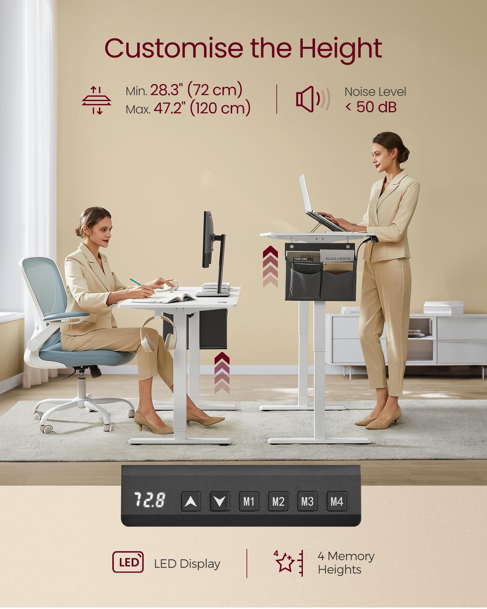 VASAGLE Electric Standing Desk, Height Adjustable Desk, 60 x 140 x (72-120) cm, 4 Memory Heights, Storage Pocket, for Home Office, Study, Rustic Brown and Ink Black LSD134K02