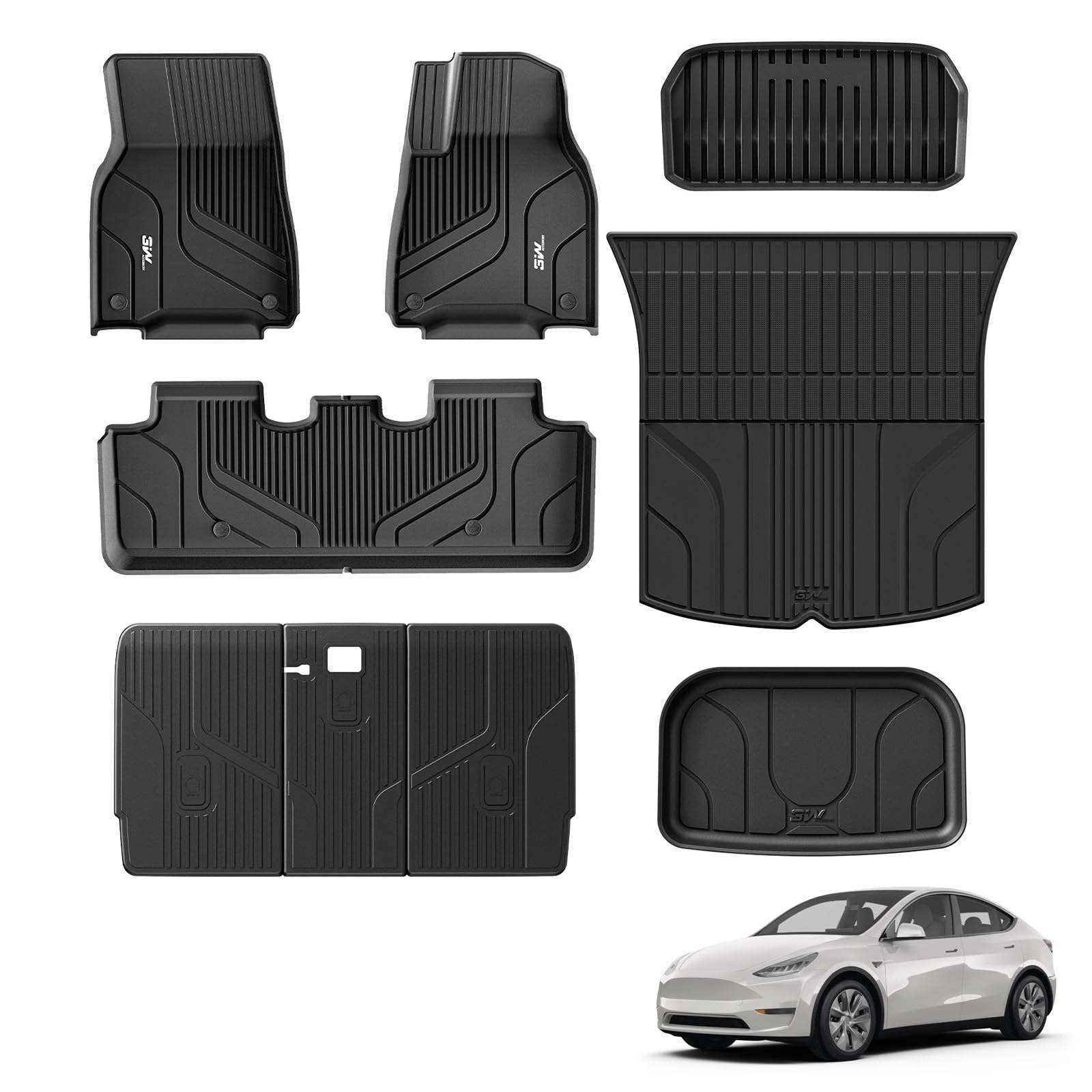3W 9 Piece Set Floor Mats & Boot Liner & Seat Back Cover Fit for Tesla Model Y 2021-2024, All Weather Dog Friendly TPE Car Mats Anti-slip Heavy Duty Tesla Accessories (Not for Model Y Juniper)