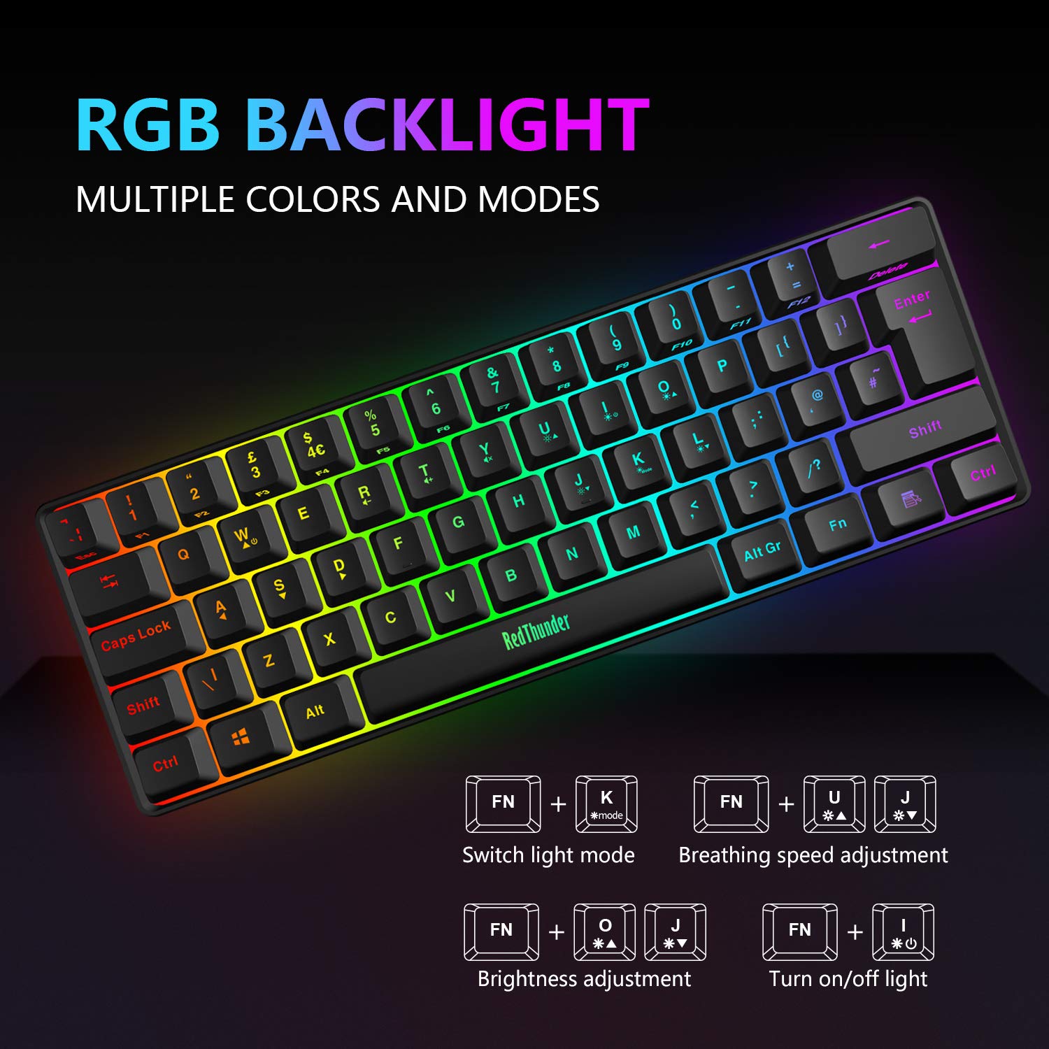 RedThunder 60% RGB Gaming Keyboard and Mouse Combo, UK Layout Ultra Compact Backlit Mini Keyboard, Lightweight 7200 DPI Cellular Optical Mouse, Portable Wired Gaming Set for PC PS5 Xbox Gamers (Black)
