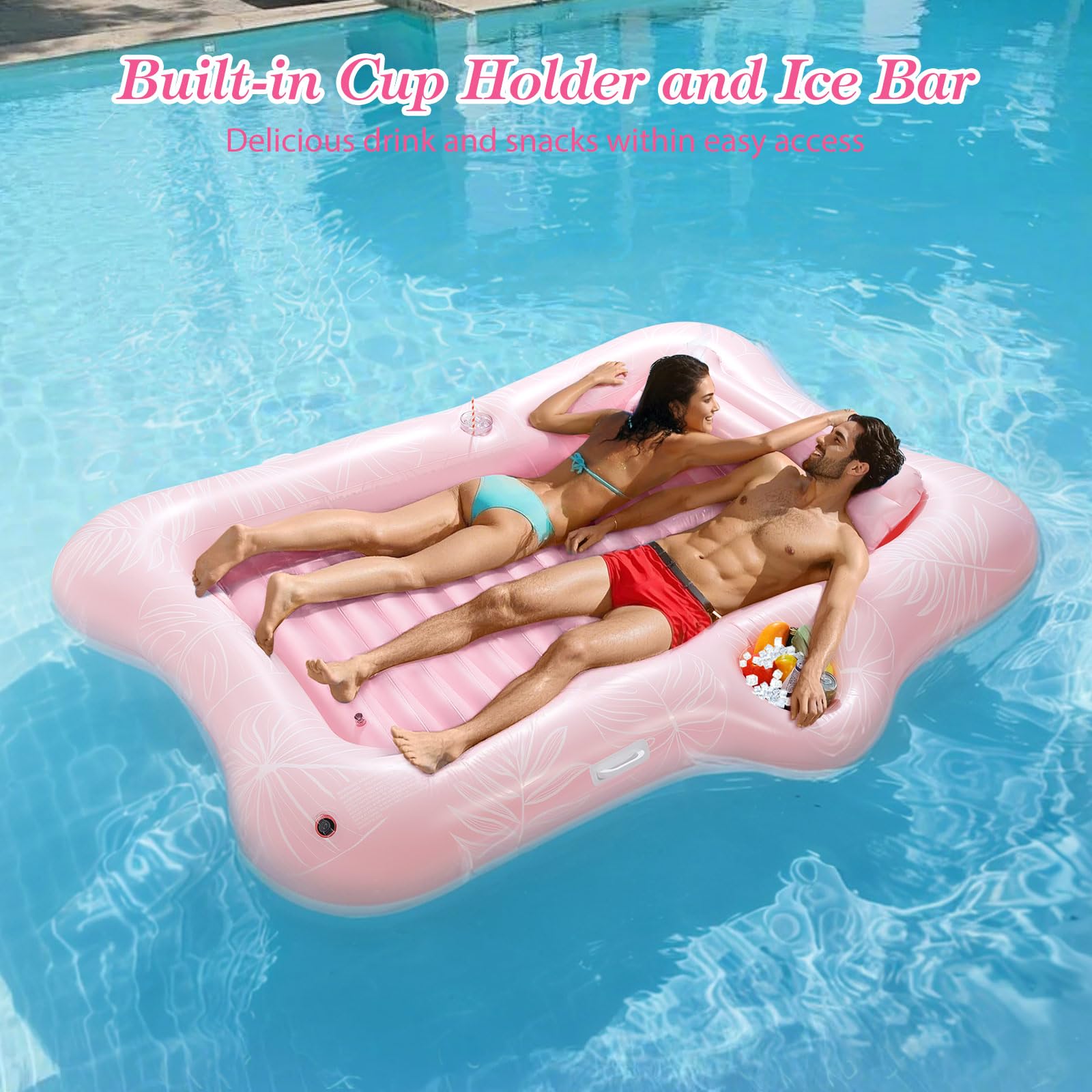MoKo Pool Floats Adult, Floating Bed with Ice Bar, Tanning Bed Pool Raft Inflatable Lounger with Drink Holder Tanning Chair Inflatable Pool Toys for Party Beach Backyard