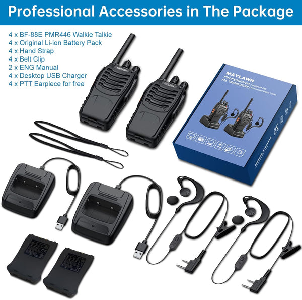 Maylawn Walkie Talkies Pack of 4, Long Range Walkie Talkies for Adults with Rechargeable Batteries, Portable 2 Way Radio with LED Light Earpieces 16CH Supports VOX Function (PMR446)