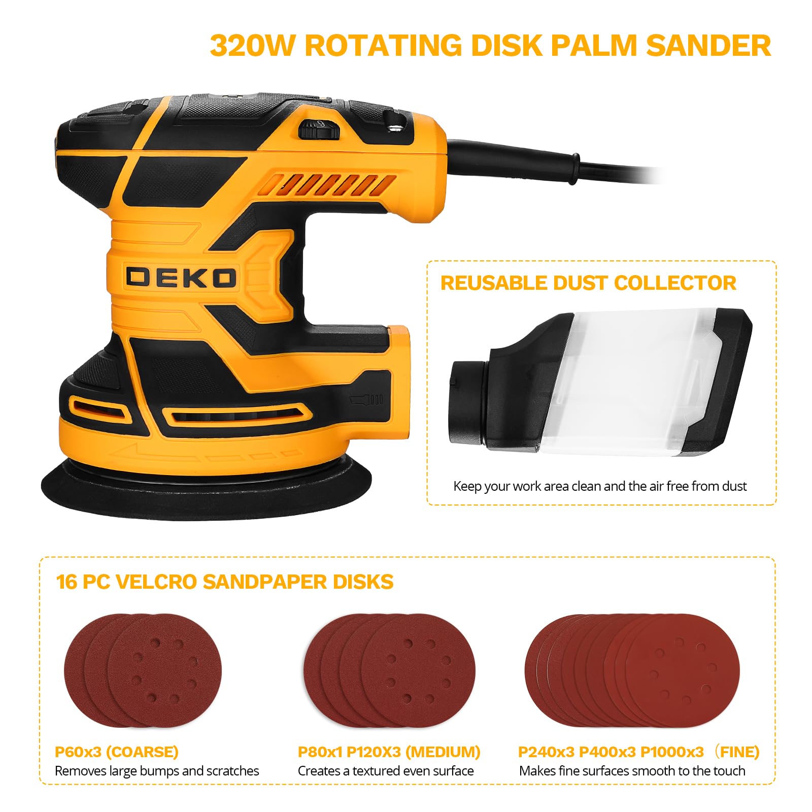 DEKOPRO Random Orbit Sander 300W with 16Pcs Sandpapers, 6 Variable Speed 14000RPM, 125MM Hand Electric Tool, High Performance Dust Collection System, Fit for Woodworking/Sanding