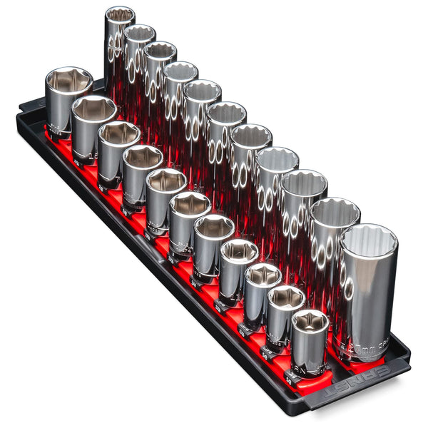 Ernst Manufacturing - 8453 Socket Boss 2-Rail 3/8-Inch-Drive Socket Organizer, 19-Inch, Red - Socket Storage Tray and Organization System for Mechanics and Automotive Service Technicians