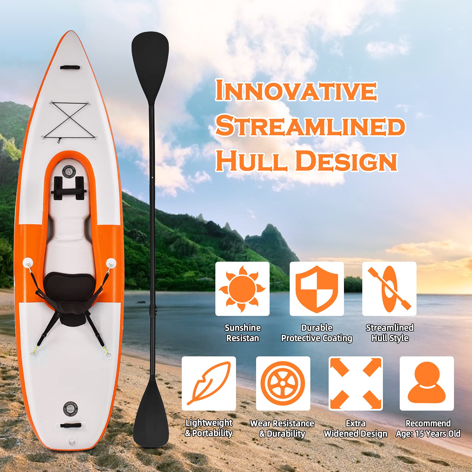 COSTWAY 10.8ft Inflatable Kayak, 1 Person Sit on Canoe with Adjustable Aluminum Oar, Hand Pump and Padded Seat, Paddle Kayaks Blow up Boat for River Lake Sea