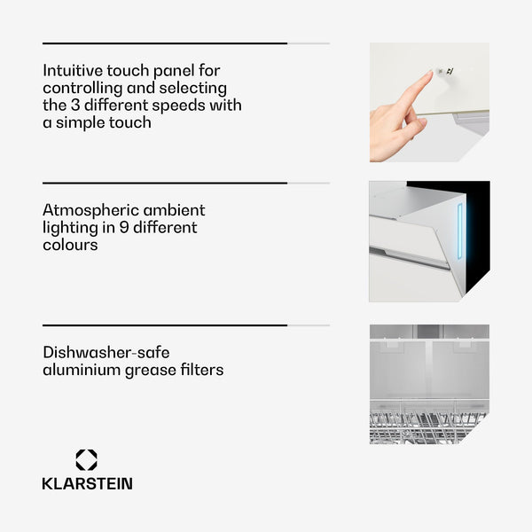 Klarstein Alina 90 Angled Cooker Hood - 600m³/h Air Flow, Touch Panel, LED Backlighting, Quiet 63dB, Energy Class A, 90cm Extractor Hood, Black