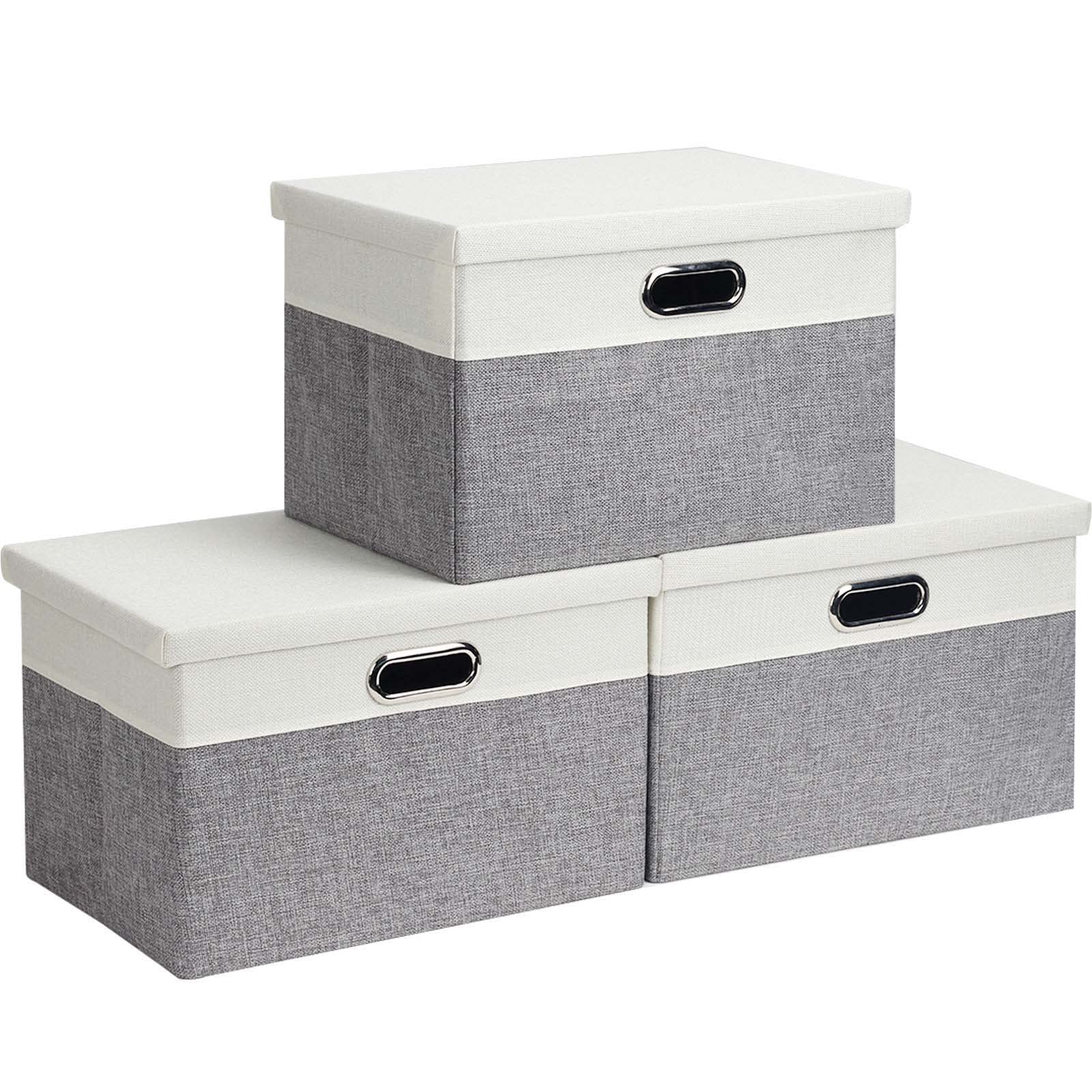 Febzoce Storage Boxes with Lids, Storage Baskets for Shelves Foldable Fabric Storage Bins Organizer for Home and Office Light Grey and White Extra