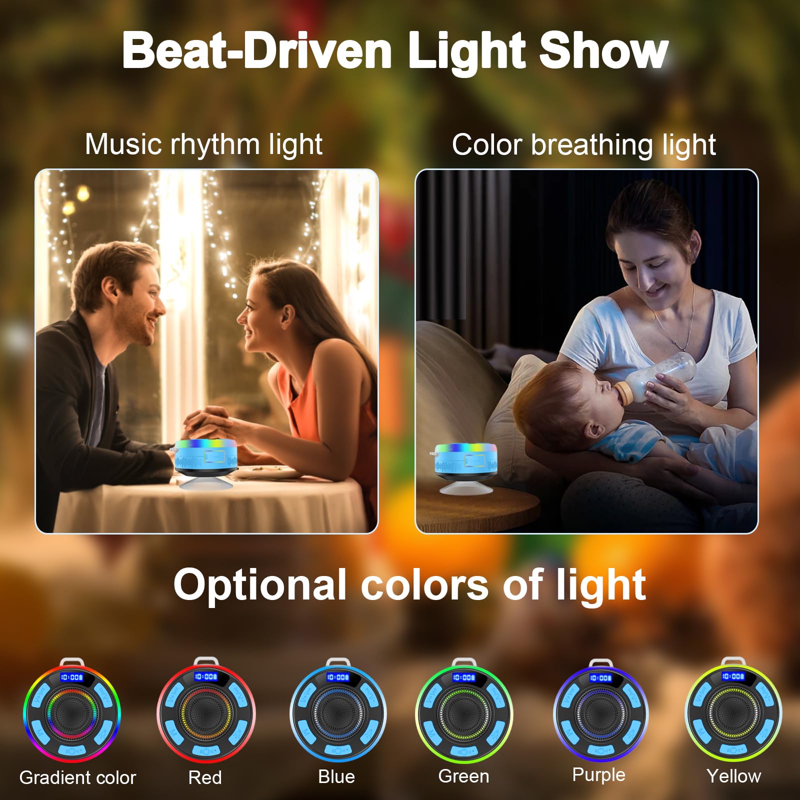 Bluetooth Shower Speaker with IPX7 Waterproof, Bluetooth Speaker with HD Stereo Sound, Built-in Mic Portable Wireless Speaker with Dynamic Lights 10H Playtime, for Outdoor Kitchen Gifts Golf, Black