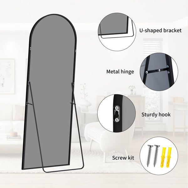 BONEWEI Arched Full Length Mirror, 161x52cm Full Body Free Standing Mirror Black Aluminium Frame, Large Floor Mirror Standing Hanging or Leaning
