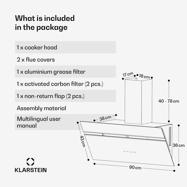 Klarstein Alina 90 Angled Cooker Hood - 600m³/h Air Flow, Touch Panel, LED Backlighting, Quiet 63dB, Energy Class A, 90cm Extractor Hood, Black