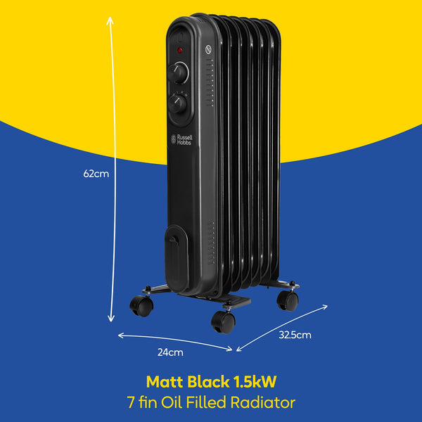 Russell Hobbs 1500W/1.5KW Oil Filled Radiator, 7 Fin Portable Electric Heater - Anthracite, Adjustable Thermostat, 3 Heat Settings, Overheat Protection, 15m sq Room Size, 2 Year Guarantee RHOFR7004A