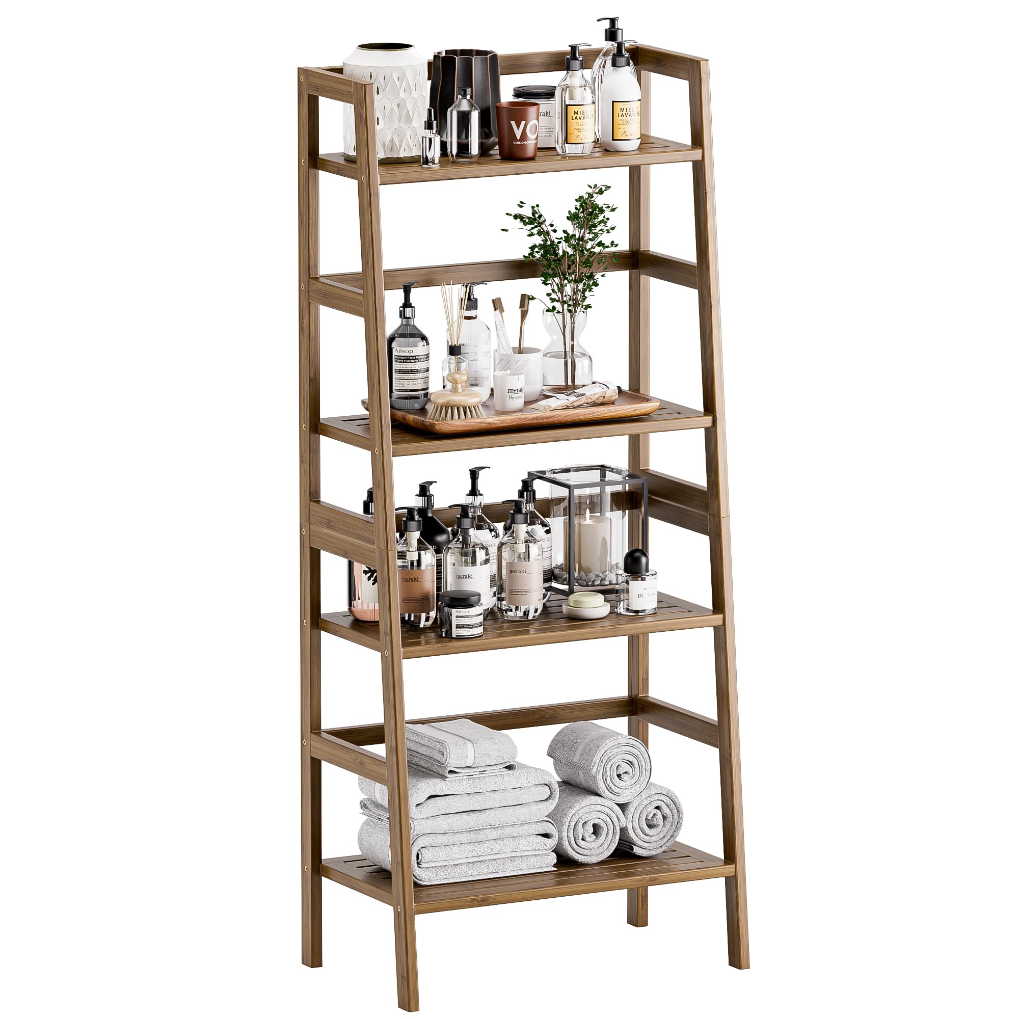 HITNET Ladder Bookcase, 4-Tier Leaning Bookshelf, Bamboo Open Display Storage Rack Shelves, Flower Plant Stand, Space Saving Small Book Shelf, Walnut