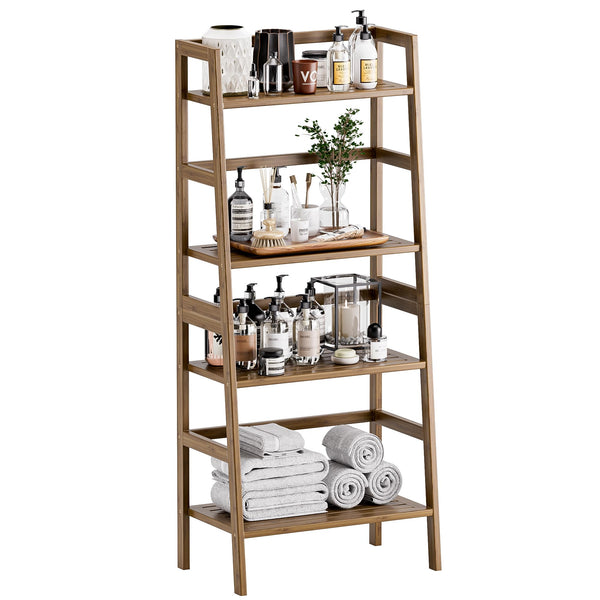 HITNET Ladder Bookcase, 4-Tier Leaning Bookshelf, Bamboo Open Display Storage Rack Shelves, Flower Plant Stand, Space Saving Small Book Shelf, Walnut