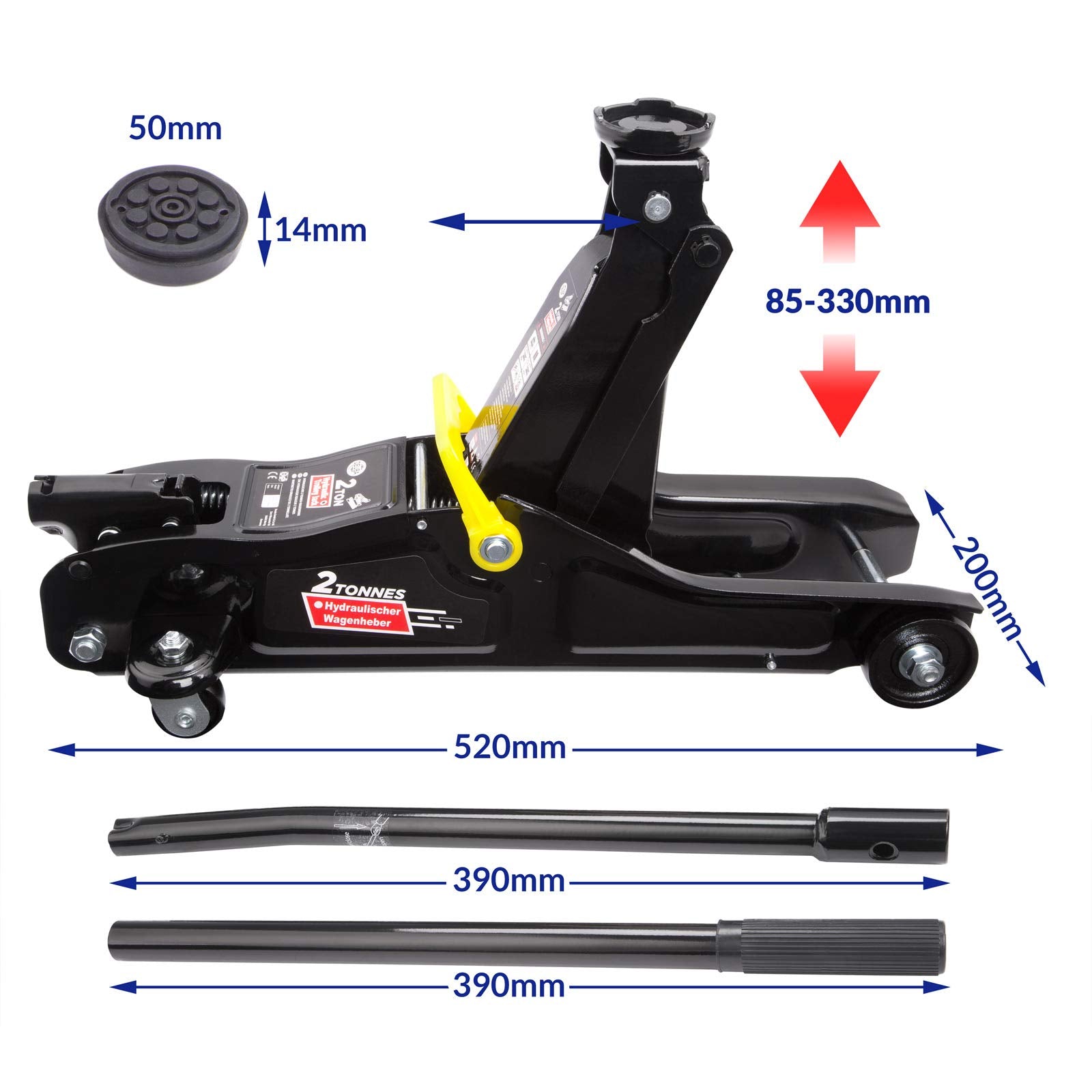 DEUBA® Hydraulic Low Profile 2 Tonne Trolley Jack for Cars | Lift Height 85-330 mm | Suitable for Lowered Vehicles | Equipment Case & Rubber Pad | Portable Heavy Duty Floor Jack Kit