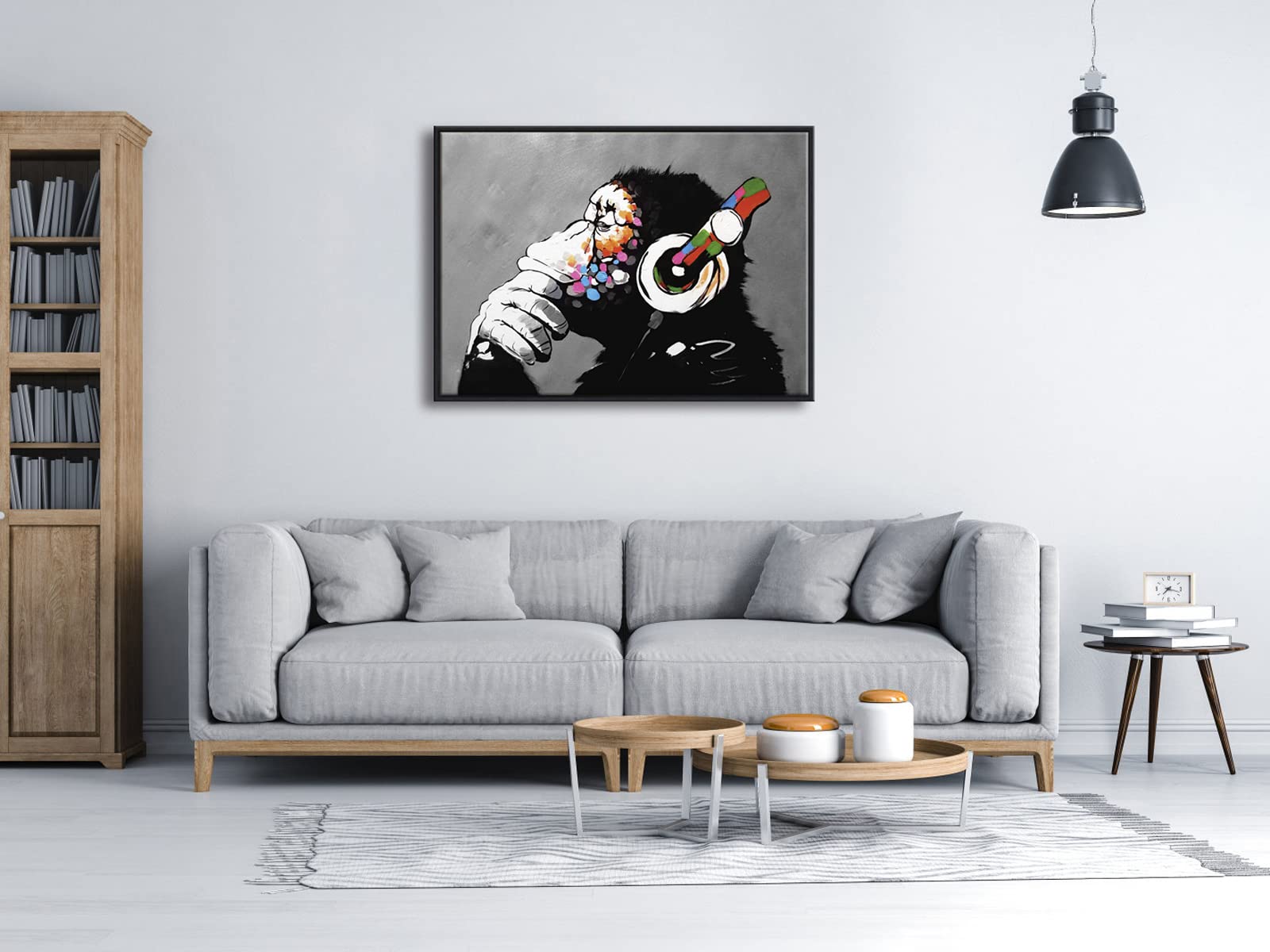 Wieco Art Black Framed Monkey With Headphones Banksy Graffiti Art Abstract Canvas Painting Posters and Prints Animal Canvas Wall Art for Wall Decor