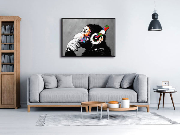 Wieco Art Black Framed Monkey With Headphones Banksy Graffiti Art Abstract Canvas Painting Posters and Prints Animal Canvas Wall Art for Wall Decor