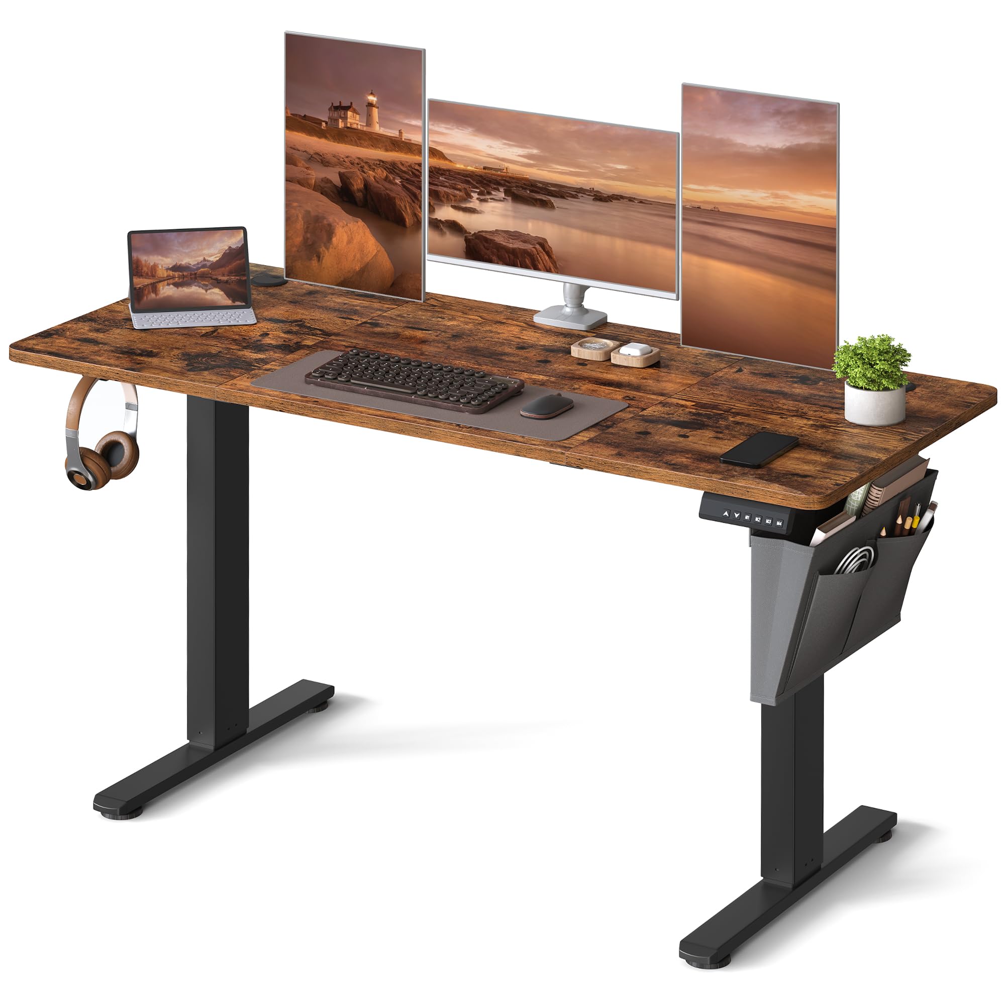 VASAGLE Electric Standing Desk, Height Adjustable Desk, 60 x 140 x (72-120) cm, 4 Memory Heights, Storage Pocket, for Home Office, Study, Rustic Brown and Ink Black LSD134K02