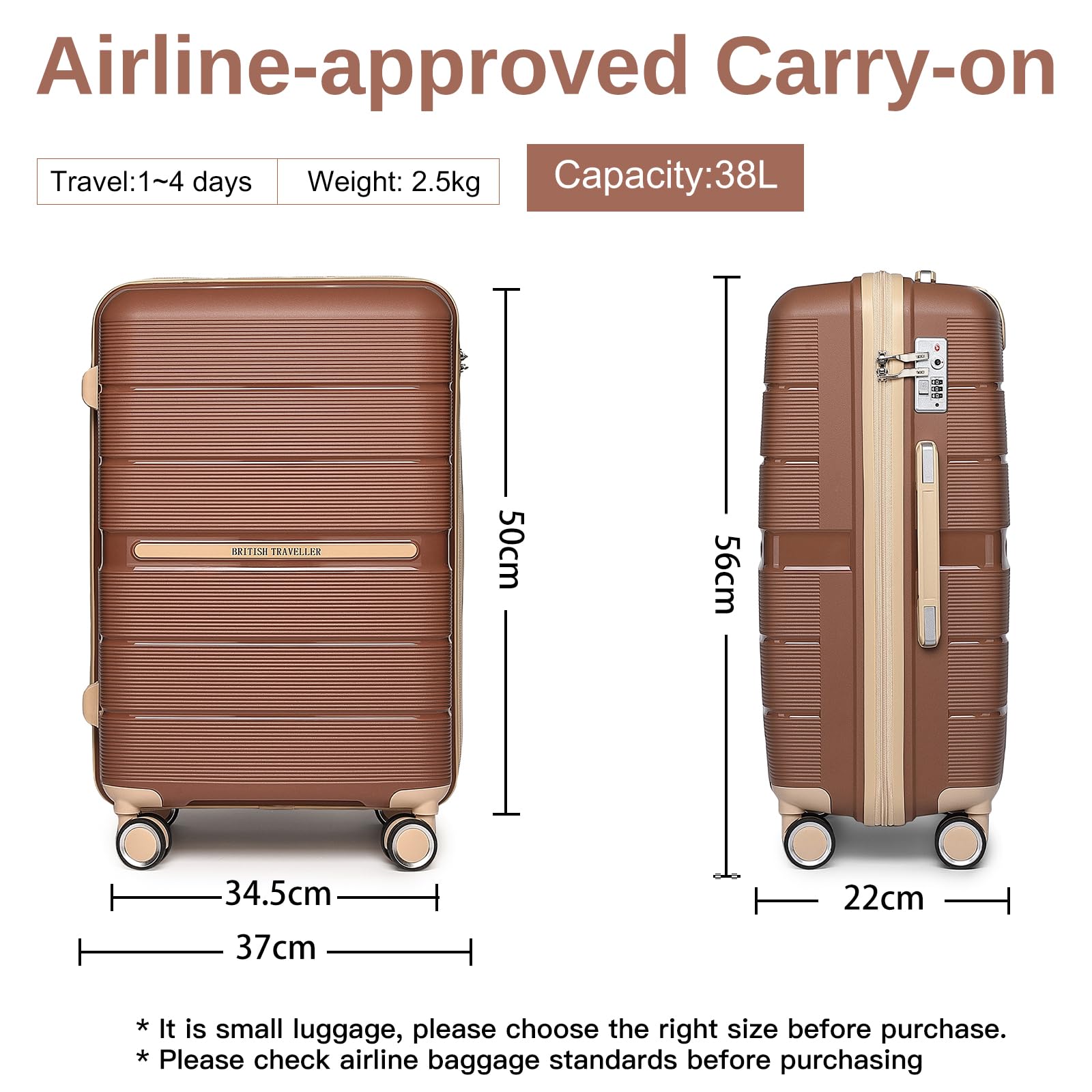 British Traveller 24" Medium Suitcase Lightweight Polypropylene Hard Shell Luggage Hold Check in Suitcase with 4 Wheels and Built-in TSA Lock(Navy, 66cm 60L)