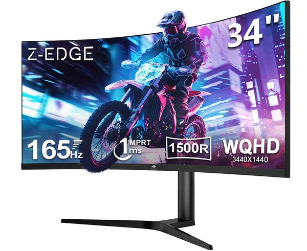 Z-Edge 34 Inch Curved Gaming Monitor Ultrawide 165Hz(DP) 100Hz(HDMI) 1ms MPRT 21:9 3440x1440 WQHD R1500 Curved Screen, Tilt/Swivel/Height Adjustable, FreeSync, HDMI, DisplayPort