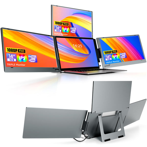 14" Triple Laptop Screen Extender, FHD IPS Multi Screen Extender with USB-C/USB-A, One Cable Connection Laptop Monitor Extender Compatible with Mac Windows Fits 11.6-15.6 Inch Laptops