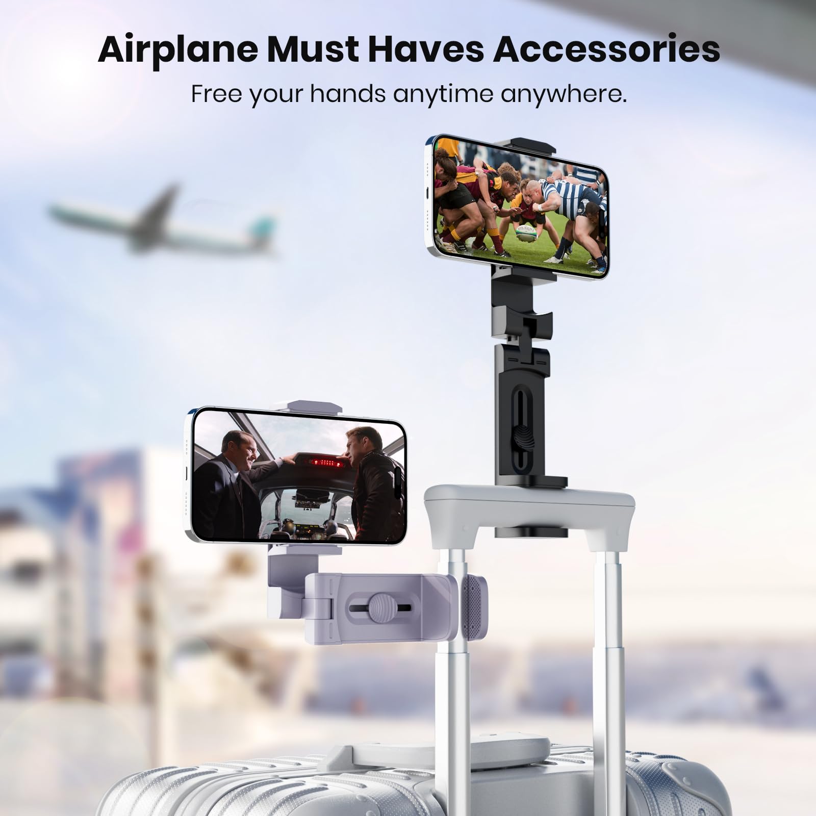 Airplane Phone Holder - Klearlook 4 in 1 Adjustable Phone Stand for Travel,360 Rotation Handsfree Viewing Flight Phone Holder,Foldable Travel Essential,Accessory for Flying/Traveling/Home/Office-Black