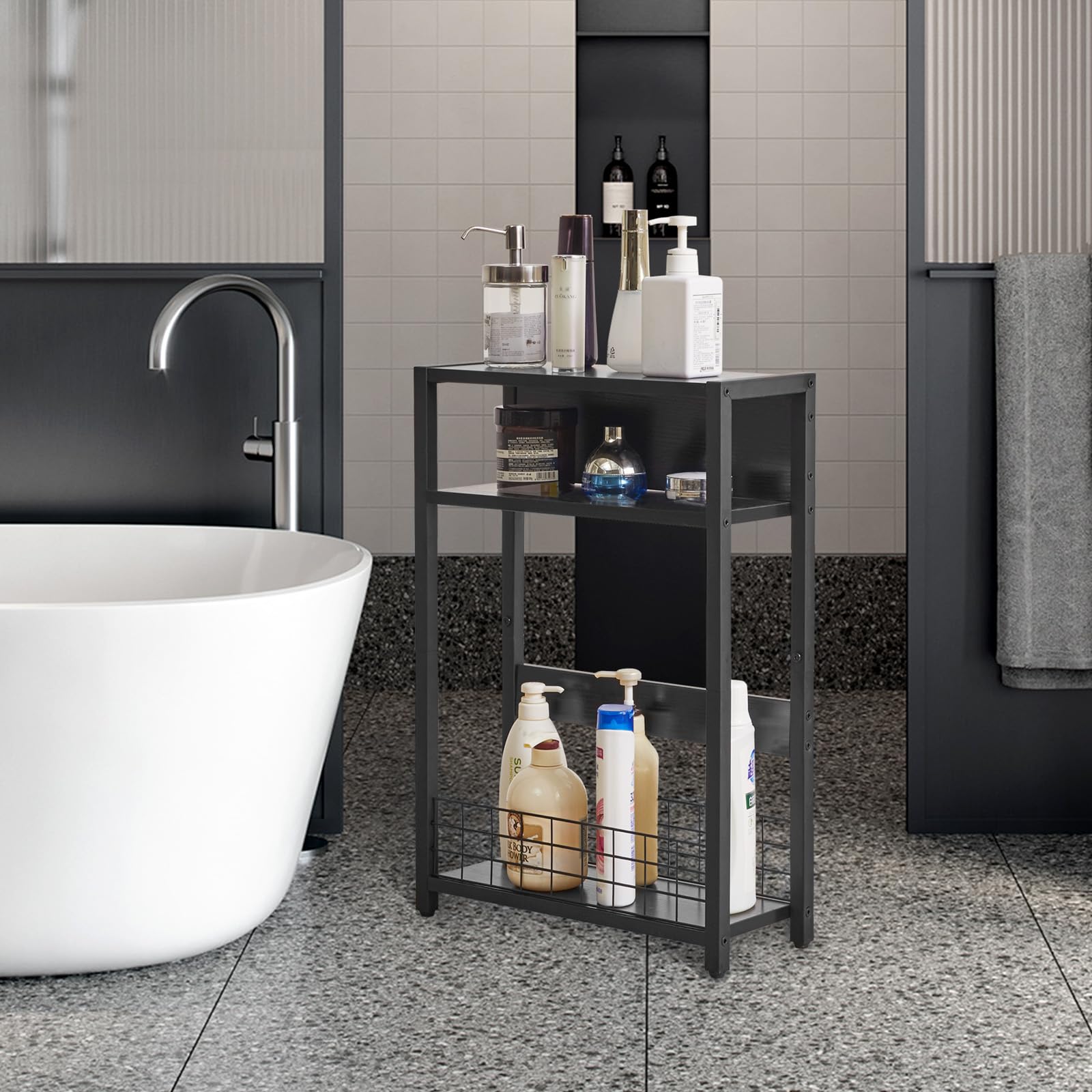 IBUYKE Narrow Side Table with Storage Shelf, 3 Tier End Table,Modern Sofa Table,Small Nightstand with Magazine Rack,Telephone Table for Small