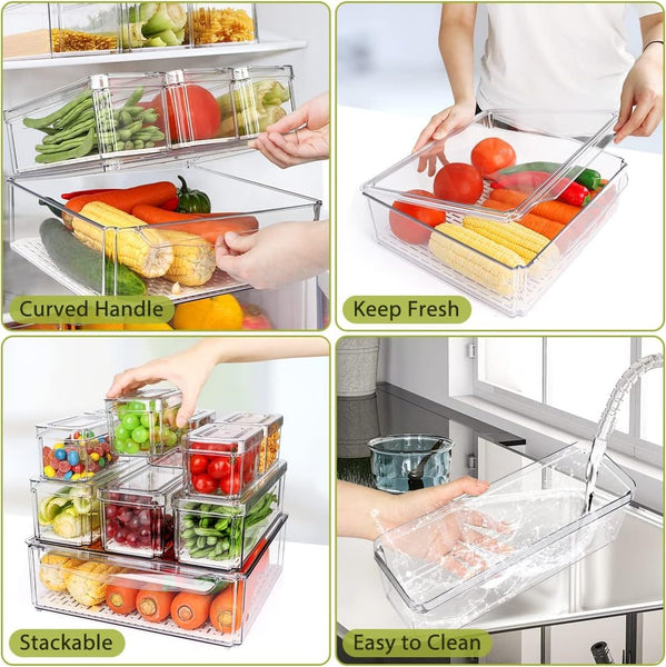 IVODEELA 10 Pack Fridge Organisers with Lids,Stackable Clear Fridge Storage Containers,Refrigerator Organiser With Drain Tray for Vegetable Fruit