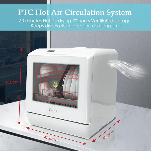 Table Top Dishwasher, Mini Countertop Dishwasher Portable, 6 Programs, Built-in 5L Water Tank, 4 Place Settings, Touch Control, LED Display, Fruit Wash, No Installation, White