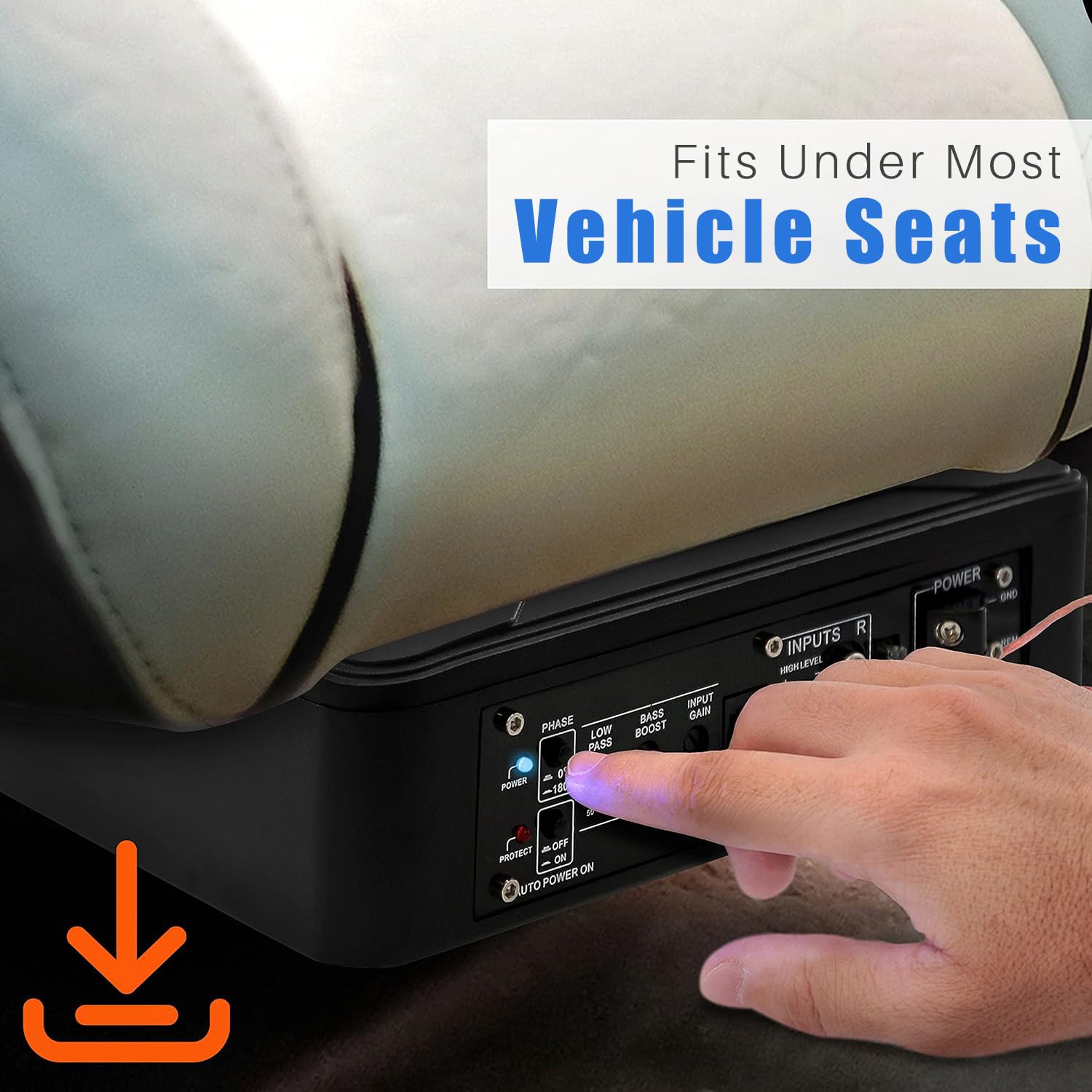 Pyle 8-Inch Low-Profile Amplified Subwoofer System - 600 Watt Compact Enclosed Active Marine Underseat Car Subwoofer with Built in Amp, Powered Car Subwoofer w/Low & High Level Inputs