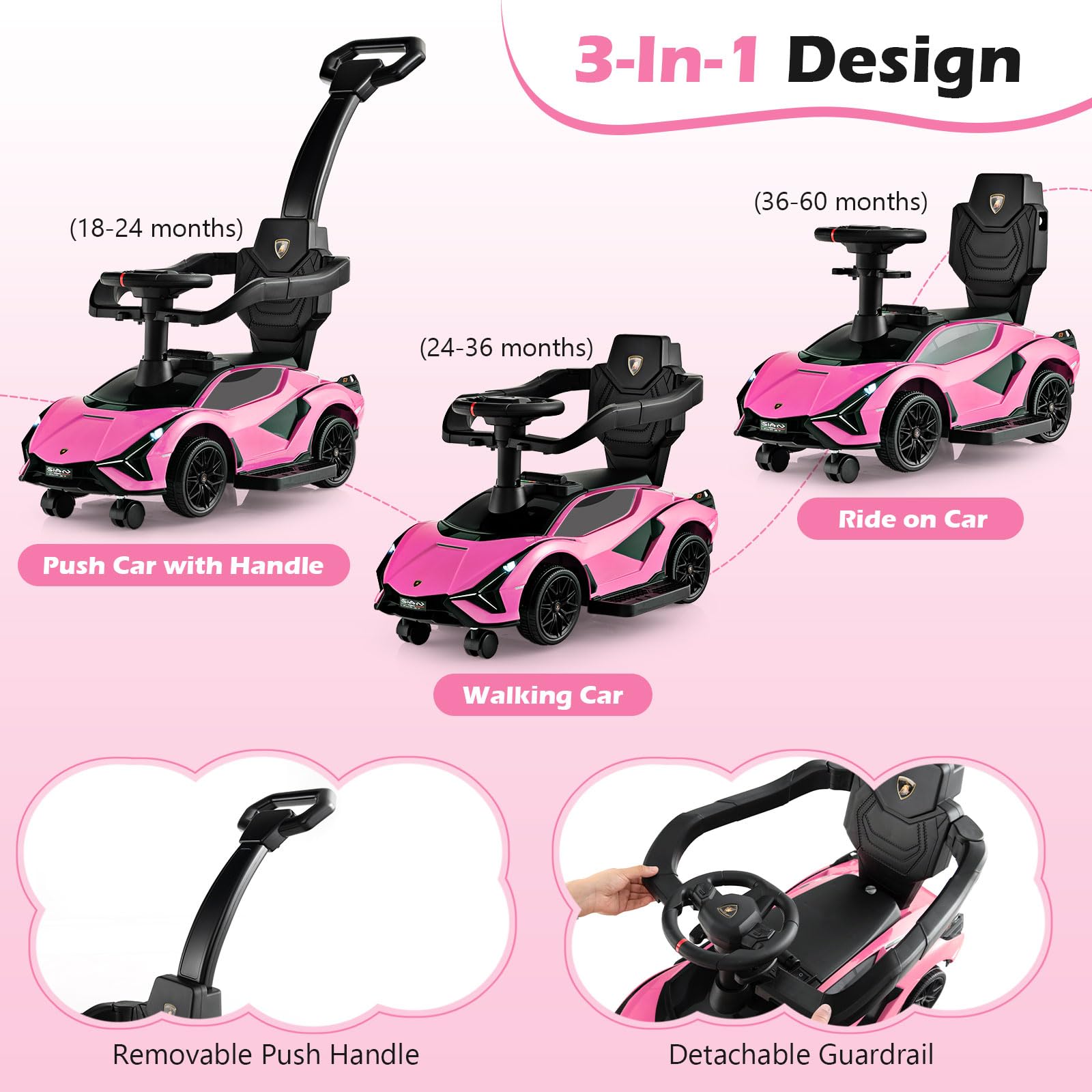 GYMAX 3 in 1 Kids Ride on Push Car, Licensed Lamborghini Push Along Car with Handle, Guardrails, USB Port, Music & Lights, Underneath Storage, Toddler Sliding Toy for 18-60 Months Boys Girls (Black)
