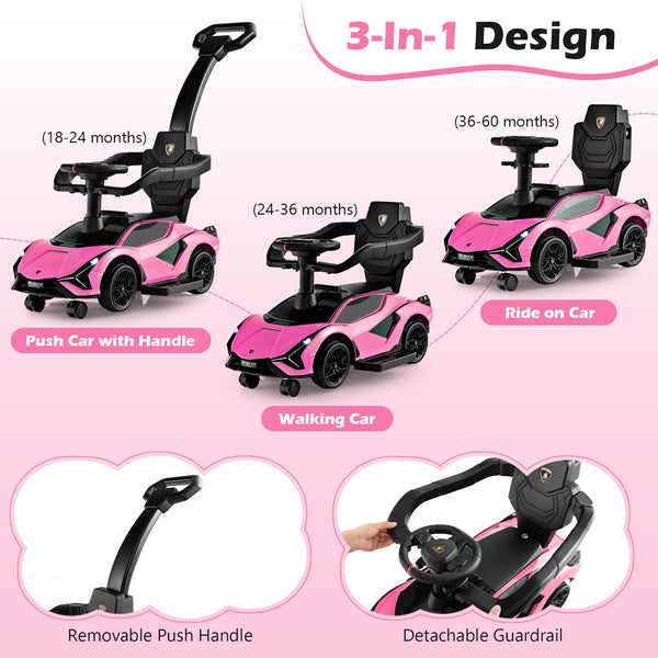 GYMAX 3 in 1 Kids Ride on Push Car, Licensed Lamborghini Push Along Car with Handle, Guardrails, USB Port, Music & Lights, Underneath Storage, Toddler Sliding Toy for 18-60 Months Boys Girls (Black)
