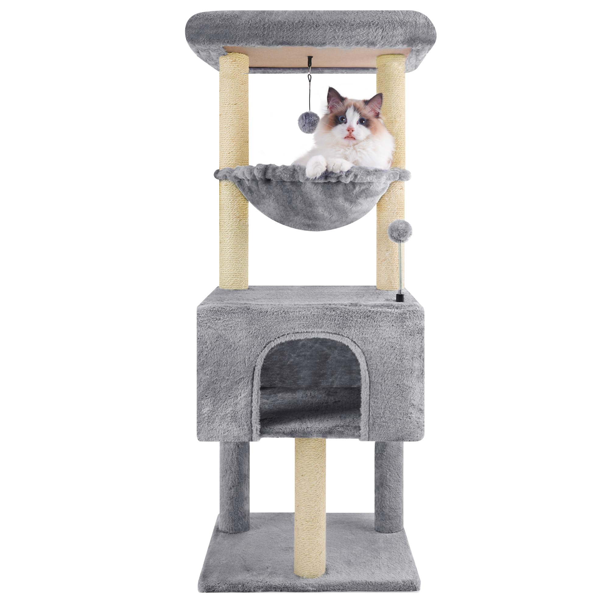 ROYPET 110cm Cat Tree Tower with Sisal Scratching Posts for Indoor Cats,Cat Tower with Hammock and Hanging Ball Toy,Pet Furniture Activity Centre with