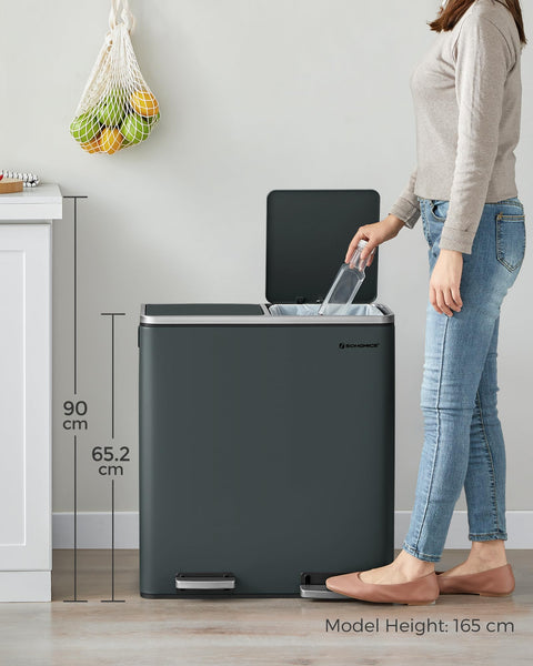 SONGMICS Dual Rubbish Bin, 2 x 30 L Recycling Bin with 15 Rubbish Bags, 2-Compartment Metal Pedal Bin with Lids and Plastic Inner Buckets, Soft Closure, Slate Grey LTB060G01
