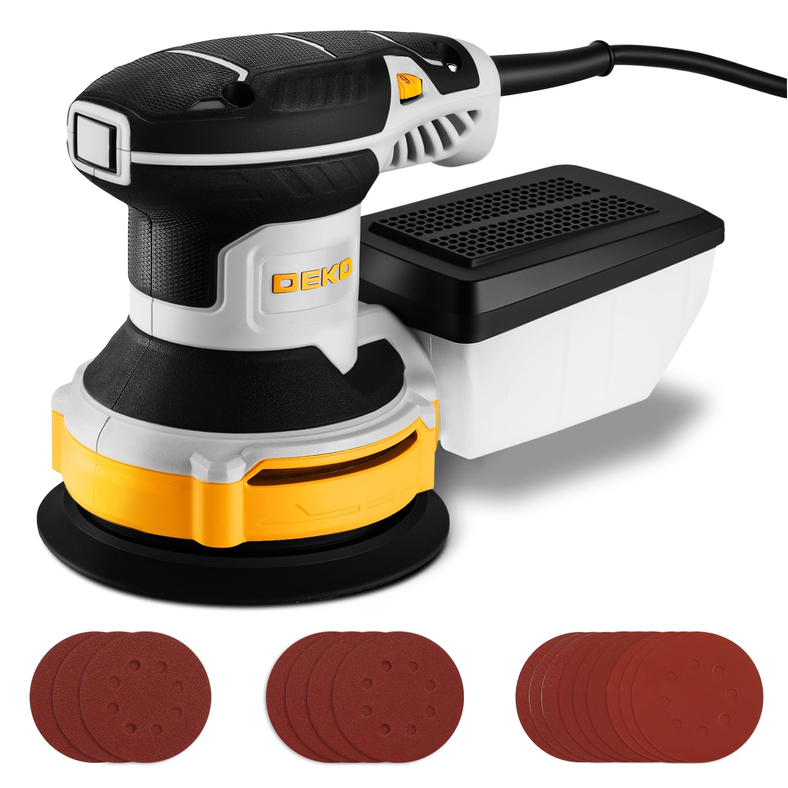 DEKOPRO Random Orbit Sander 300W with 16Pcs Sandpapers, 6 Variable Speed 14000RPM, 125MM Hand Electric Tool, High Performance Dust Collection System, Fit for Woodworking/Sanding