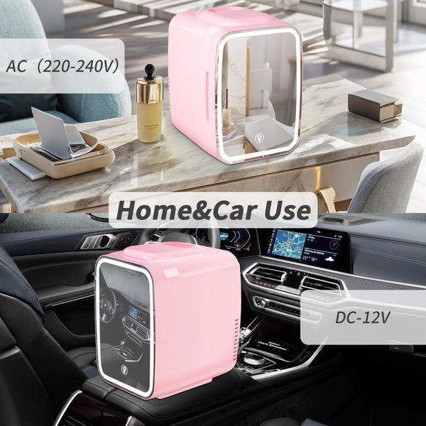 YASHE Mini Fridge for Bedroom, Skincare Fridge with LED Light Mirror, 4L Small Fridge Portable,220V AC/ 12V DC Thermoelectric Warmer & Cooler for Car Office Dorm(Blue)