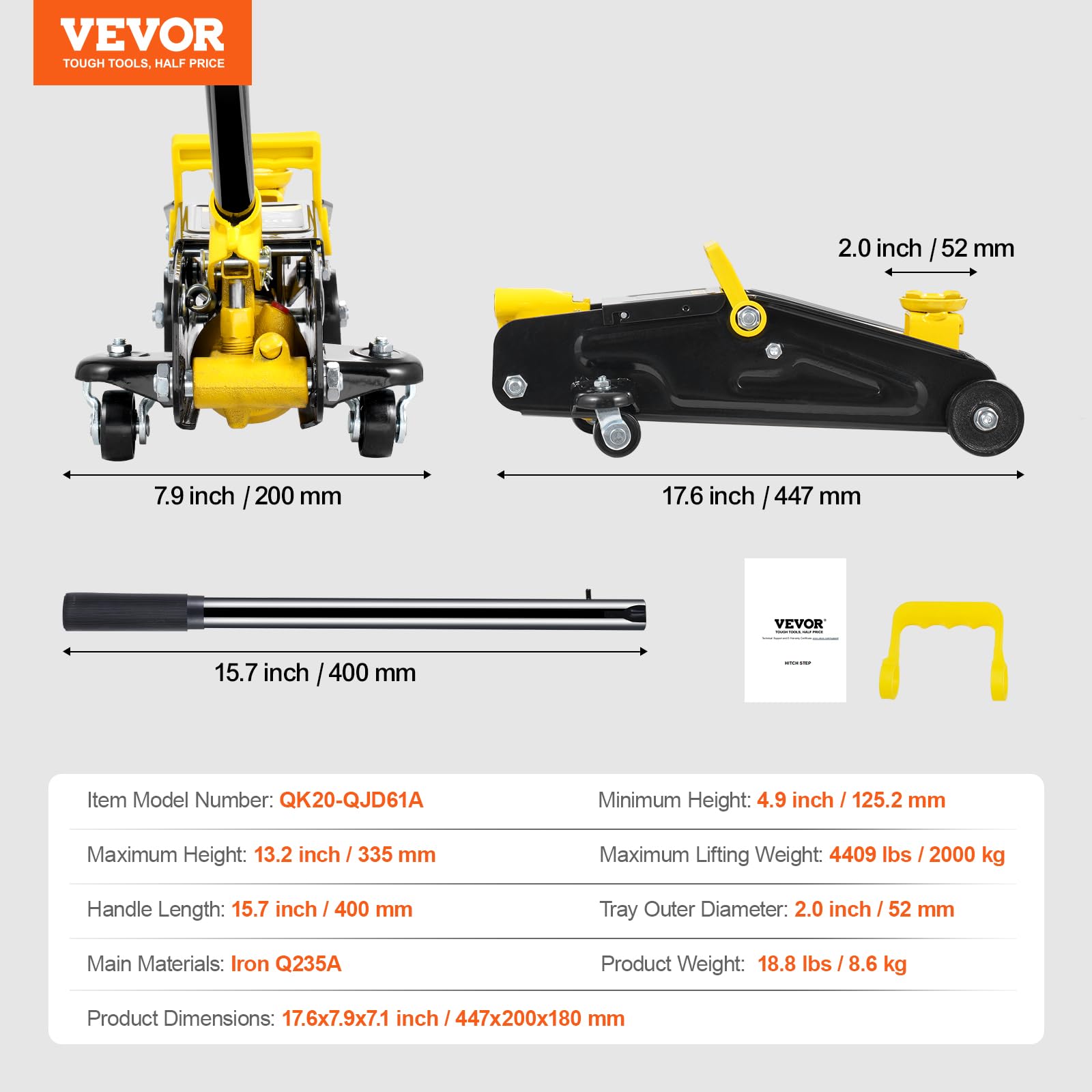 VEVOR Low Profile Floor Jack 1.5 Ton (3300 lbs), Heavy Duty Iron Hydraulic Racing Floor Jack, Hydraulic Car Jack, Single Piston Quick Lift Pump, 4.7"-12.1" Height Lifting Range (Yellow)