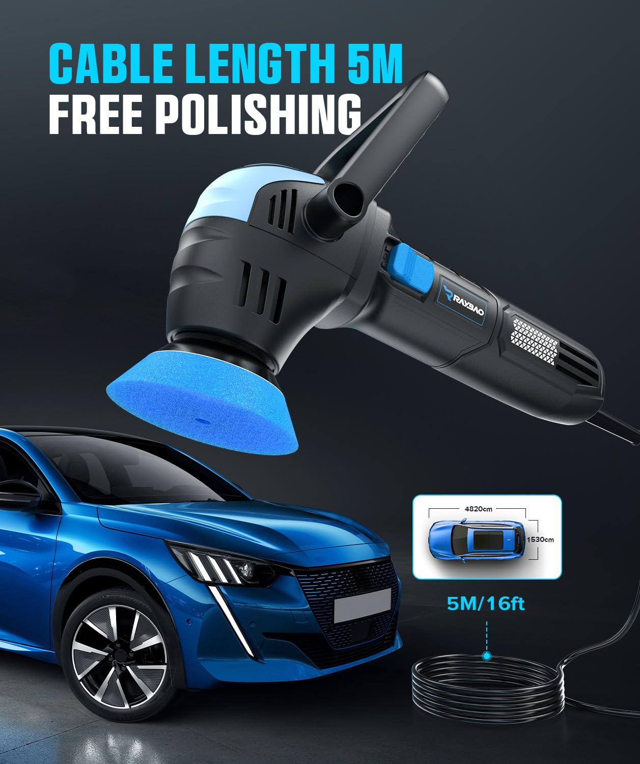 RAYBAO Car Polisher, 1200W Car Polishers and Buffers, Variable Speed 1600-3500RPM, Car Buffer Polisher Machine with Detachable Handle, 180mm/150mm Disc for Polishing/Waxing