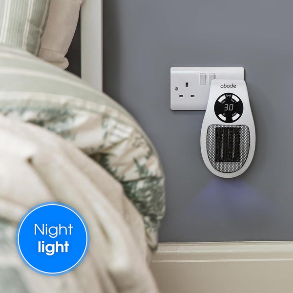 Abode 500W Compact Portable White Ceramic Plug in Heater with 2 Heat Settings & Overheat Protection, Electric Heater, LED Display, 12hr Auto Timer, 10m2 Room Size APH1001
