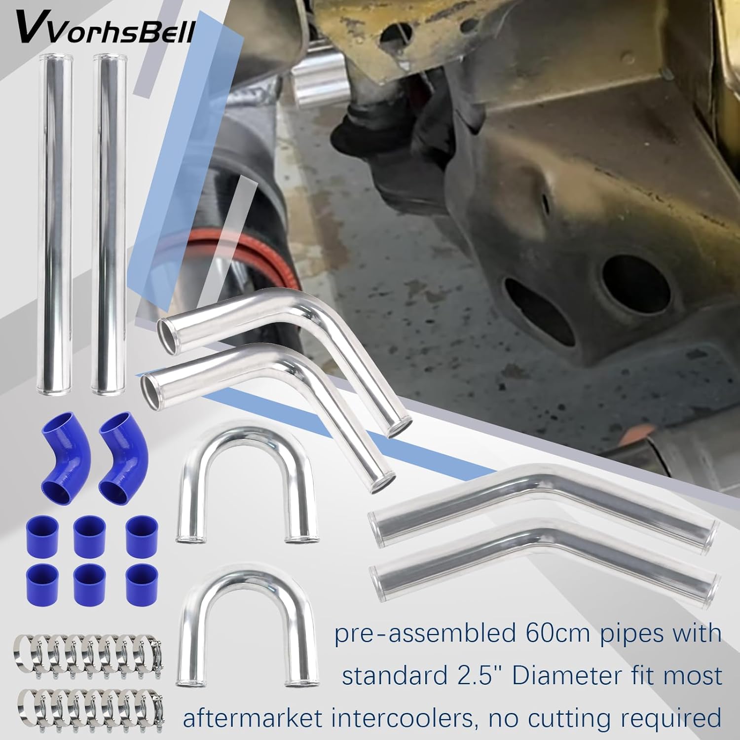 VVORHSBELL 2.5" Turbo Intercooler Pipe Universal Aluminum Turbo Intercooler Piping Set with Silicone Hoses & T-Clamps for Car Modifications (Diesel/Gas)