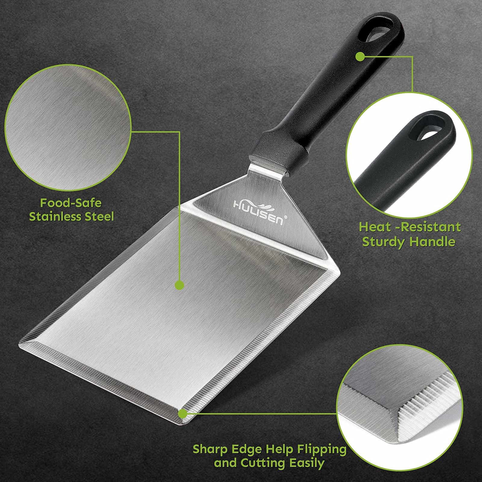 HULISEN Stainless Steel Griddle Spatula, 5" Wide Burger Spatula - Heavy Duty Hamburger Turner for Grilling Barbecue Flat Top Grill, 12 Inch Long, Dishwasher Safe