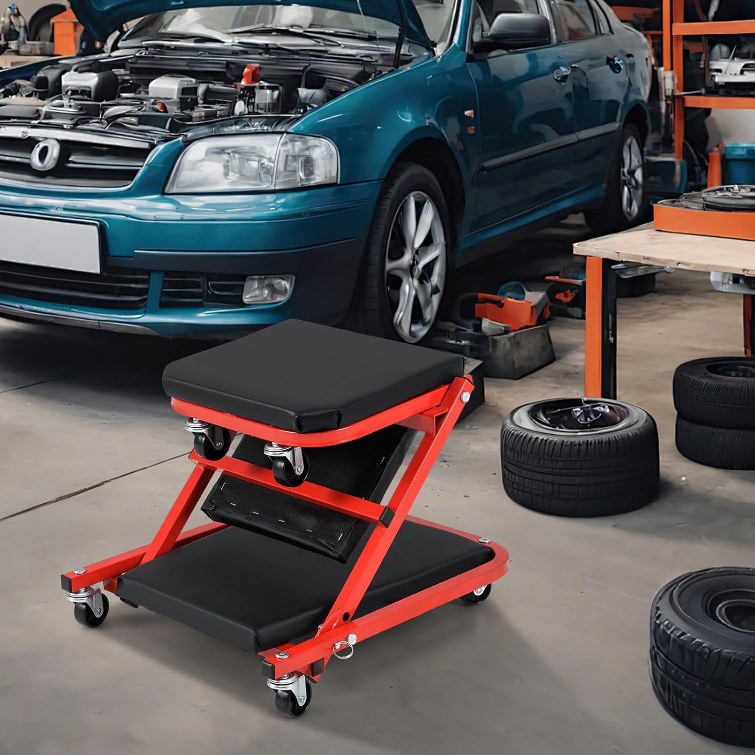 COSTWAY 2-in-1 Folding Car Creeper and Seat, 37Inch Padded Mechanics Creeper Stool with 6 Rotatable Wheels, Rolling Garage Work Crawler Board Bench, Maximum Load 150 KG