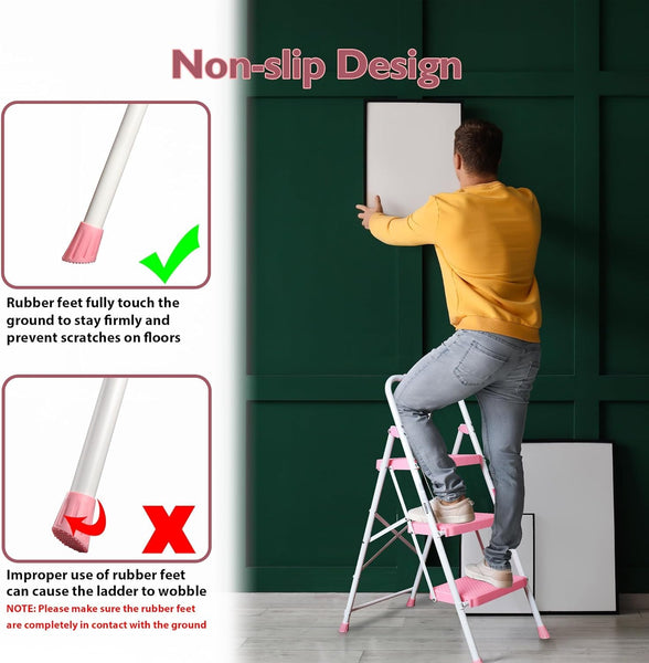 BONTEC 4 Step Ladder Folding, Heavy Duty Foldable Step Stool with Wide Anti-Slip Pedals, Sponge Handrail and Tool Tray, Portable Household Ladder 150kg Capacity, Compact Collapsible Indoor Ladder