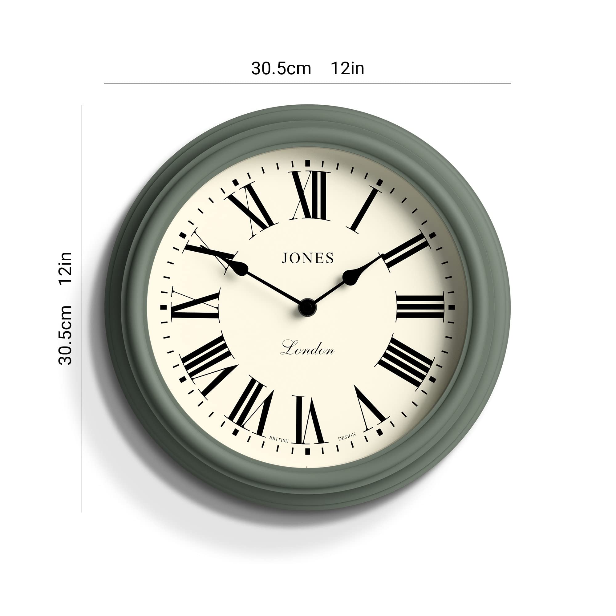 Jones Clocks Venetian wall clock | Classic round clock | 30cm | Green | Roman numerals | Traditional design ideal for kitchen, living room or bedroom