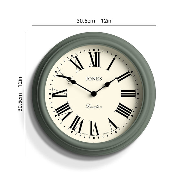 Jones Clocks Venetian wall clock | Classic round clock | 30cm | Green | Roman numerals | Traditional design ideal for kitchen, living room or bedroom