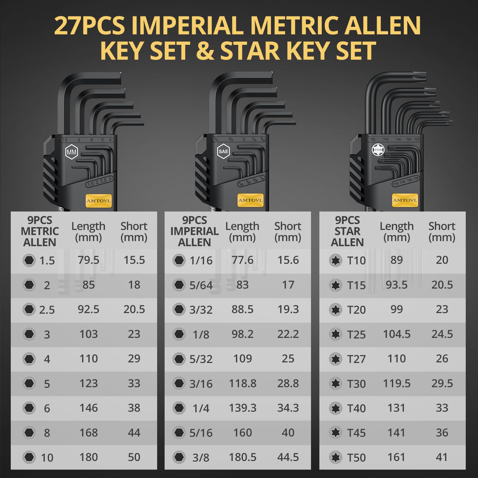 AMTOVL Hex Keys Set, 27PCS Allen Key Set & Star Key Set, Magnetic S2 Steel Metric Imperial Extra Long Ball End Hex Key Set with Color Coding with T-Handle for Bicycle Repair Household DIY
