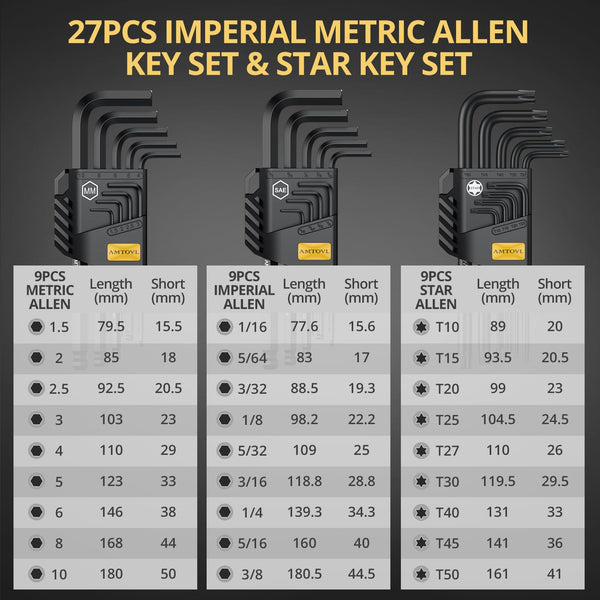 AMTOVL Hex Keys Set, 27PCS Allen Key Set & Star Key Set, Magnetic S2 Steel Metric Imperial Extra Long Ball End Hex Key Set with Color Coding with T-Handle for Bicycle Repair Household DIY