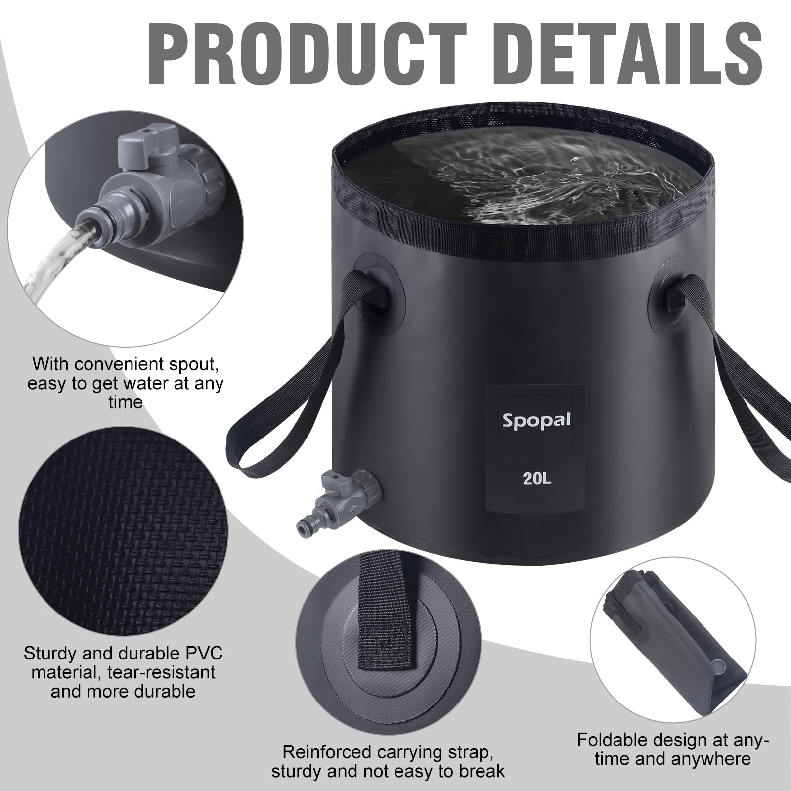 Spopal 20L Collapsible Bucket, Outdoor Foldable Bucket with Drainage Outlet for Camping, Collapsible Storage Container for Traveling Picnic Hiking Fishing Car Washing