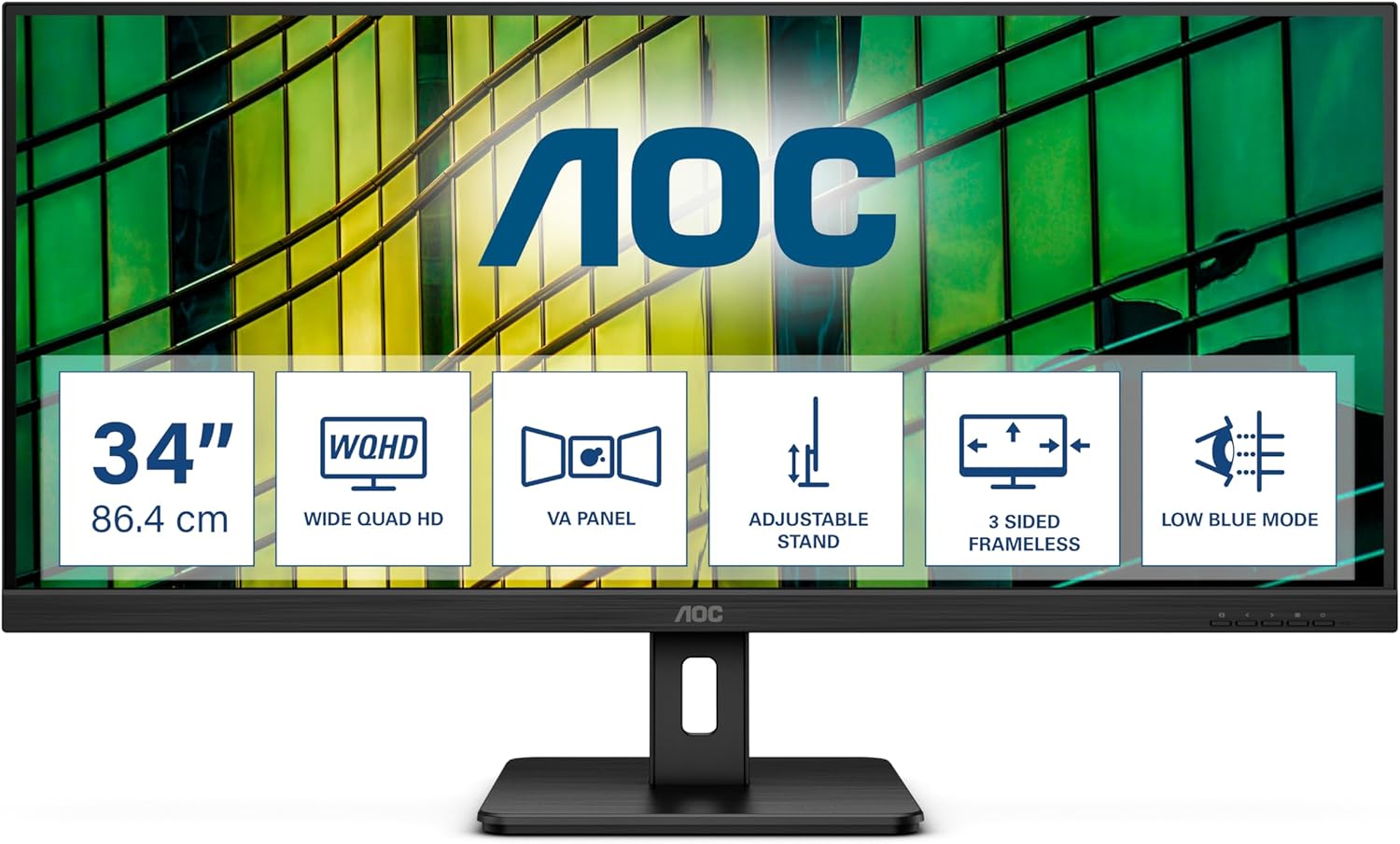 AOC U34E2M - 34" QHD Monitor, 100Hz, VA, 4ms, Low blue Light, Adaptive Sync, Flicker Free, Vesa mountable, Tilt (3440 x 1440 @ 100Hz, 300 d/m², HDMI 2.0 / DP 1.2 ), Black