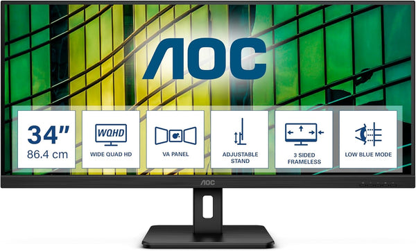 AOC U34E2M - 34" QHD Monitor, 100Hz, VA, 4ms, Low blue Light, Adaptive Sync, Flicker Free, Vesa mountable, Tilt (3440 x 1440 @ 100Hz, 300 d/m², HDMI 2.0 / DP 1.2 ), Black