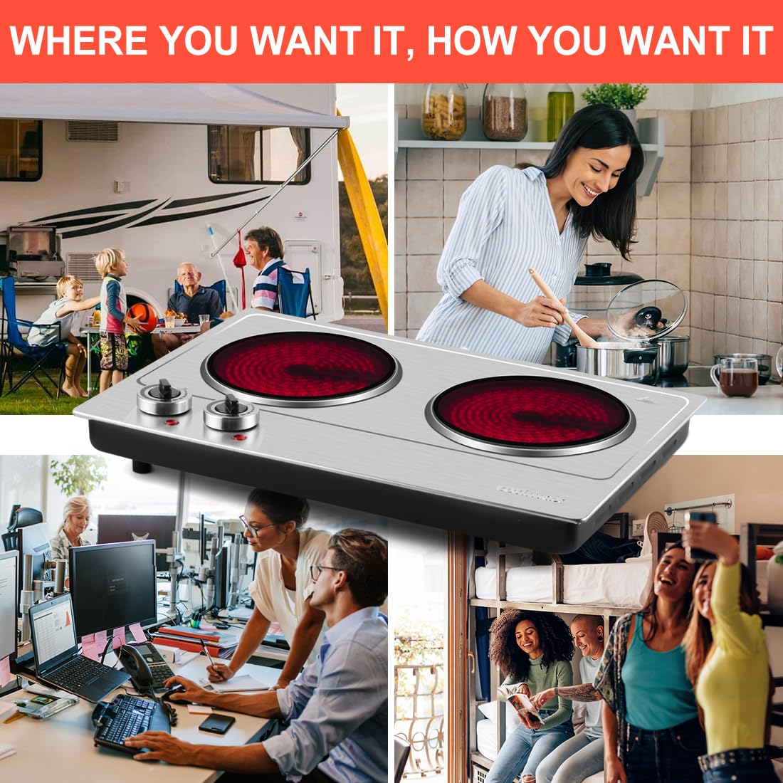 Double Electric Hob, CUSIMAX Hot Plate for Cooking, 2400W Electric Ceramic Hot Plate, Double Infrared Cooktop with Dual Temperature Control, Portable